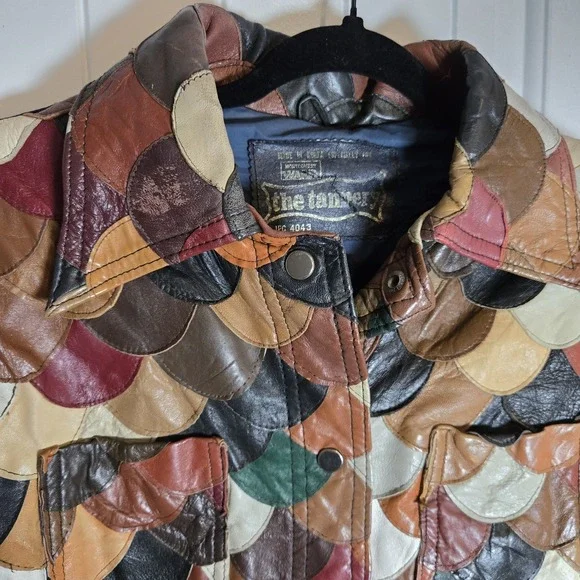 Vintage Korean Multicolor Leather Fish Scale Patchwork Jacket Womens L - Picture 5 of 16